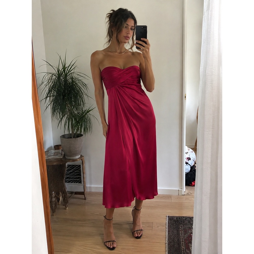 Vintage Y2K Banana Republic 100% Silk Wine Red Midi Slip Dress Strapless Formal